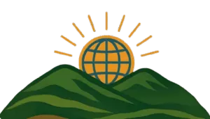 Networked globe icon rising between 2 rolling hills of the Appalachian mountains.