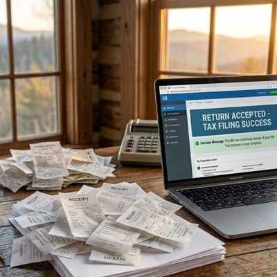 An open laptop displaying a "Return Accepted - Tax Filing Success" message sits on a rustic wooden desk next to a scattered, blurred pile of disorganized receipts.